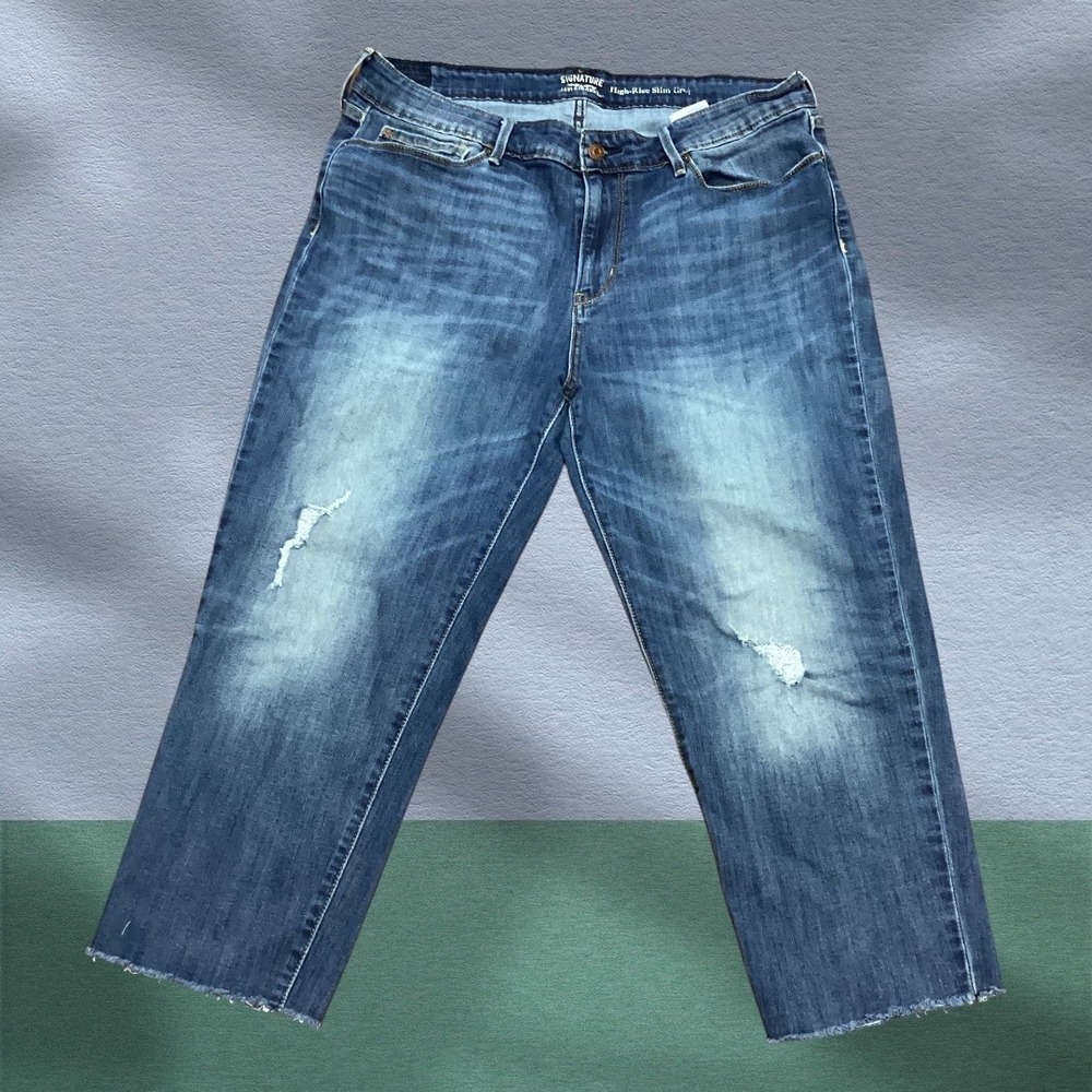 Signature Levi Strauss High Rise Slim Crop Jeans Size 16 Medium Wash Distressed - Picture 1 of 10